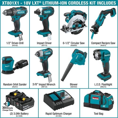 סט נטען 18V מברגת אימפקט + מברגה מקדחה + מפתח רטיטה + מסור עגול + מסור חרב +  מלטשת + מפוח + פנס נטען + 2 סוללות 3 אמפר MAKITA XT801X1