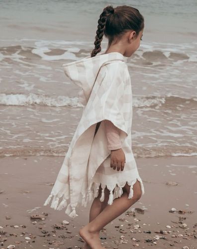 מגבת פונצ'ו לבריכה ולים 100% כותנה מידה 1-3 - ורוד בהיר פסים