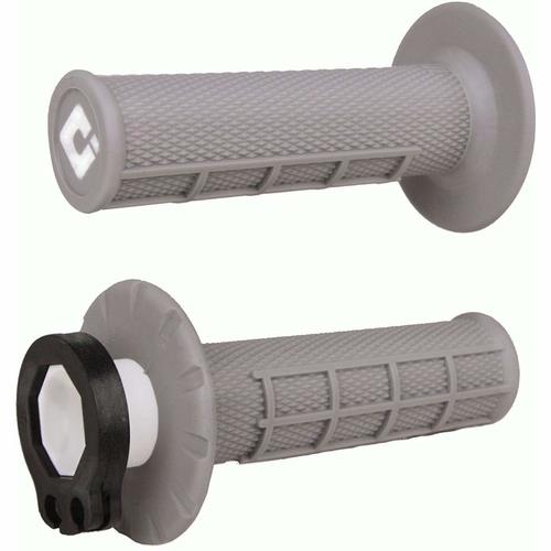 גריפים מוטוקרוס ODI Half-Waffle V2 Lock-On בצבע אפור עם מערכת נעילה מהירה ודפוס קשקשים מחוספס לאחיזה מעולה ובלימת רעידות