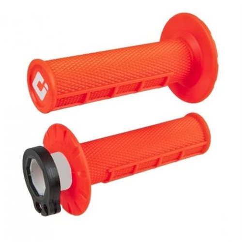גריפים מוטוקרוס ODI Half-Waffle V2 Lock-On בצבע כתום עם מערכת נעילה מהירה, דפוס קשקשים מחוספסים לאחיזה מושלמת וצינור מצערת כלול - מק