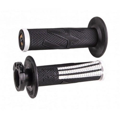גריפים ODI EMIG PRO V2 בצבע שחור ולבן עם מערכת נעילה Lock-On, תרכובת Pro Soft-Compound ודפוס יהלום מקובע לרכיבת מוטוקרוס מקצועית