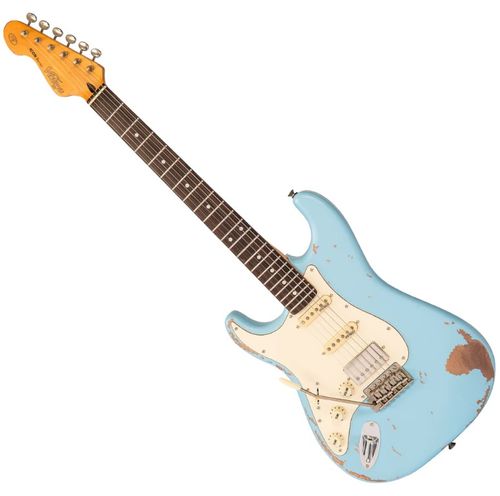זוית נוספת Vintage V6 ICON Electric Guitar ~ Left Hand Distressed Laguna Blue