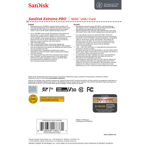 כרטיס זיכרון SanDisk 512GB Extreme PRO UHS-I SDXC
