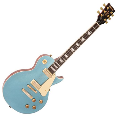 זוית נוספת Vintage V100M Mini Double Coil ReIssued Electric Guitar ~ Gun Hill Blue