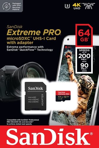 כרטיס זכרון SanDisk 64GB Extreme PRO UHS-I microSDXC with SD Adapter