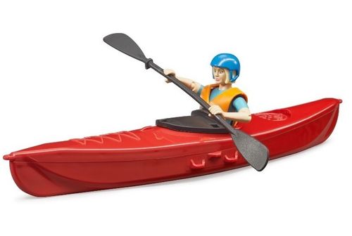 סירת קיאק צף עם דמות חותרת לובשת וסט הצלה וקסדה