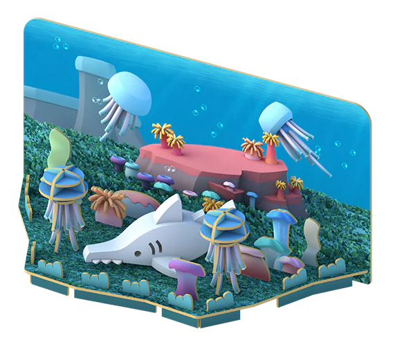 הרכבה כריש מסור מגנטי עם שלד וסביבת מחיה 3D