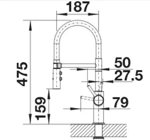 ברז מטבח BLANCO קטריס פלקסו 525792 עם פיה קפיצית תעשייתית, נירוסטה ושחור.