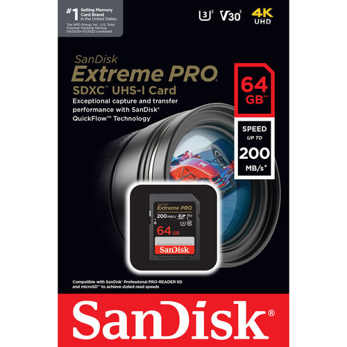 כרטיס זיכרון SanDisk 64GB Extreme PRO UHS-I SDXC 200MB