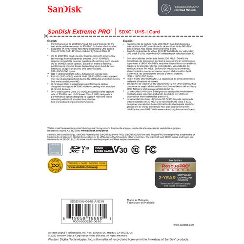 כרטיס זיכרון SanDisk 64GB Extreme PRO UHS-I SDXC 200MB