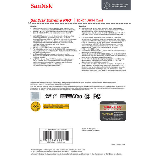 כרטיס זיכרון SanDisk 512GB Extreme PRO UHS-I SDXC