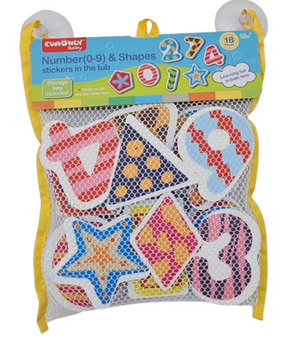 סט 18 מדבקות אמבטיה / דמויות למשחק + שק רשת נדבק - צורות ומספרים