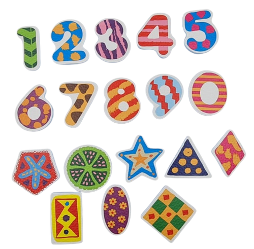 סט 18 מדבקות אמבטיה / דמויות למשחק + שק רשת נדבק - צורות ומספרים