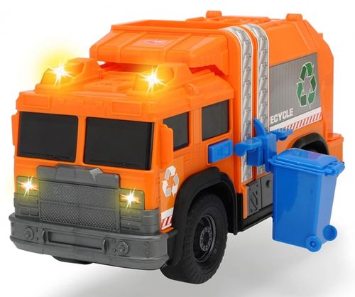 משאית מחזור אשפה עם אורות וצלילים, מתקן הרמה צדדי ופח מחזור מתחבר - כתום