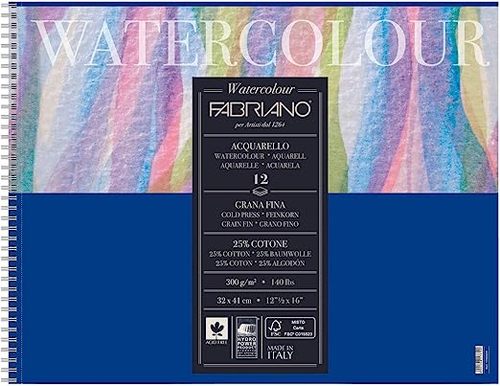 בלוק A3 נייר לצבעי מים FABRIANO ACQUARELLO, כותה 25%, 300 גר, 12 דפים 