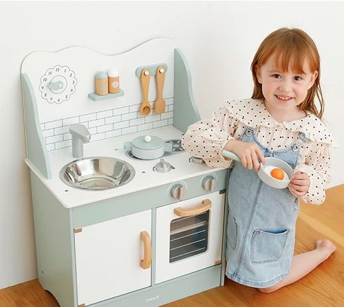 מטבח לילדים עם תנור, כיור, כיריים, ארון ו-8 אביזרים - ירוק פסטל