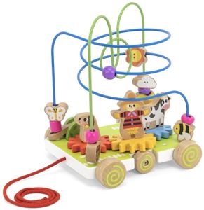 מבוך חרוזים מתגלגל עם 2 מסלולים מעץ מלא עם גלגלי שיניים וחוט משיכה - חווה