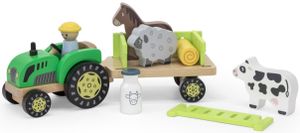 טרקטור חווה עם עגלה, חיות ואביזרים מעץ מלא