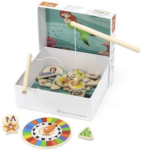 משחק דייג מגנטי מעץ מלא עם 2 חכות להכרת עולם הים, צורות, צבעים ואותיות ABC