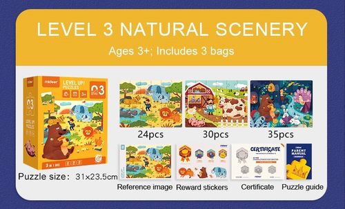 מארז 3 פאזלים לפעוטות 3 LEVEL UP (24 עד 35 חלקים) - חיות בטבע