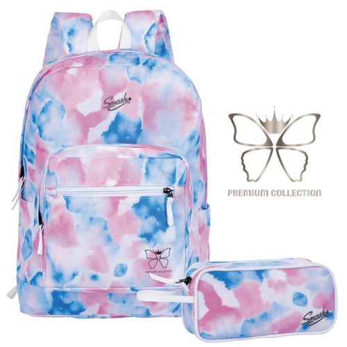 תיק גב אפנתי לנוער Smash עם תא גדול ושני תאים צדדים לבקבוק + קלמר תואם מתנה - מעורפל ורוד/תכלת