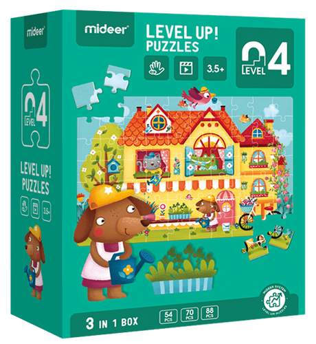 מארז 3 פאזלים לפעוטות 4 LEVEL UP (54 עד 88 חלקים) - החיים בעיר