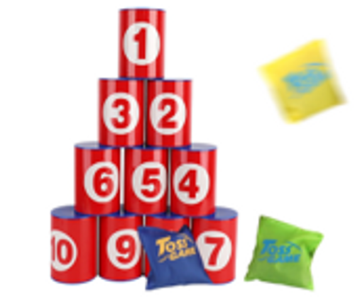 משחק הפלת פחיות מפלסטיק + 3 שקיות שעועית