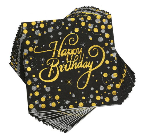 מפיות happy birthday שחור זהב מטאלי