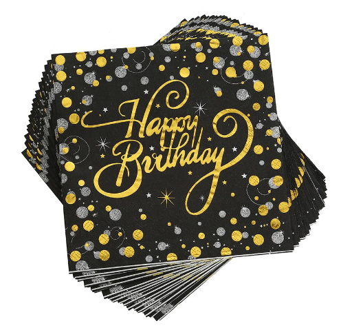 מפיות happy birthday שחור זהב מטאלי