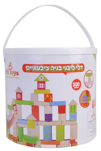 דלי עם 100 קוביות בניה מעץ מלא 