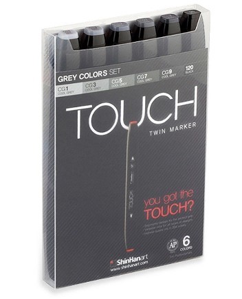 סט 6 טושים אלכוהוליים דו צדדיים TOUCH, אפורים CG1-CG9  + שחור