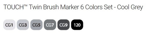 סט 6 טושי מכחול אלכוהוליים דו צדדיים TOUCH, אפורים CG1-CG9  + שחור