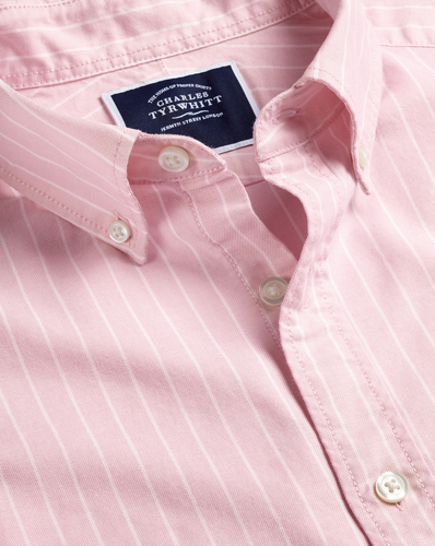 חולצה ורודה עם פסים גזרת סלים -  Pink butchers stripe slim fit button-down washed Oxford shirt