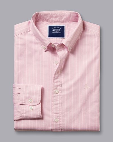 חולצה ורודה עם פסים גזרת קלאסיק פיט -  Pink butchers stripe slim fit button-down washed Oxford shirt