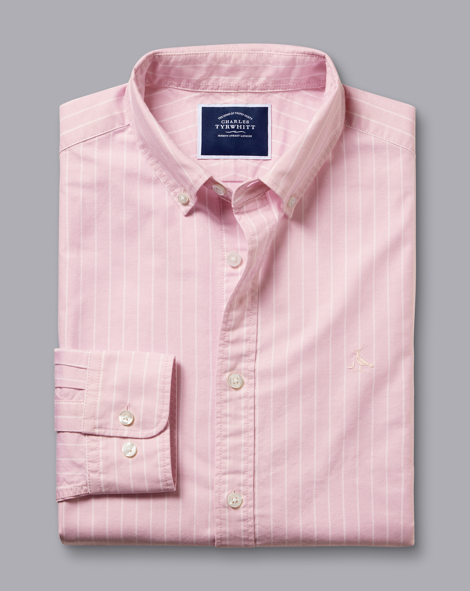 חולצה ורודה עם פסים גזרת קלאסיק פיט -  Pink butchers stripe slim fit button-down washed Oxford shirt
