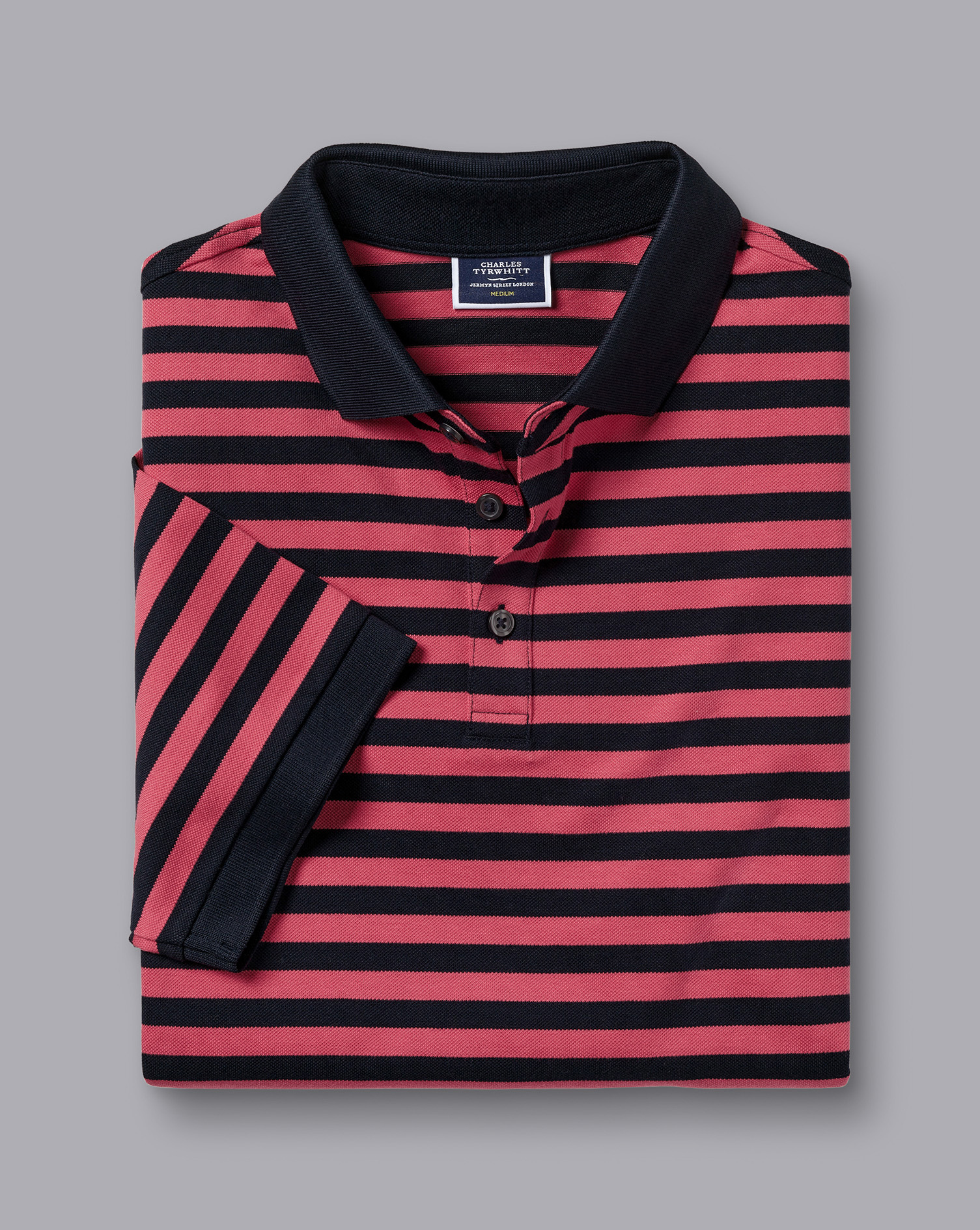 חולצת פולו  - Pique Polo - Bright pink and navy stripe