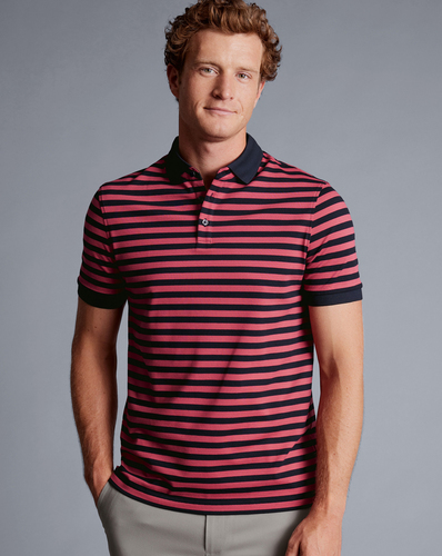 חולצת פולו  - Pique Polo - Bright pink and navy stripe