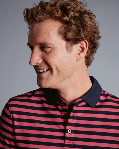 חולצת פולו  - Pique Polo - Bright pink and navy stripe