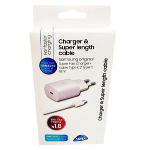 מטען קיר סמסונג מקורי מהיר 25W - עם כבל 1.8 מטר טייפ-סי (לבן) - סאני