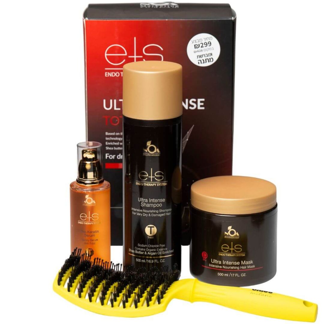 ערכה לשיער ETS ULTRA INTENSE בתוספת לחות מוגברת לשיער יבש מאוד שמפו, מסכה, סרום + מברשת מתנה