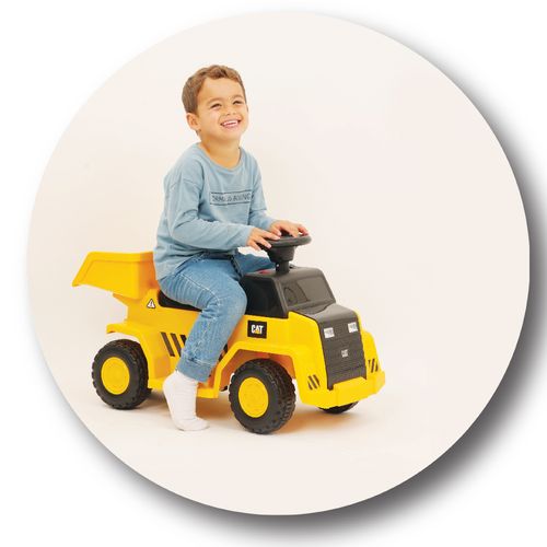 בימבה משאית עפר CAT ממונעת 6V לפעטות עם ארגז מתרומם ואפקטים קוליים בעברית