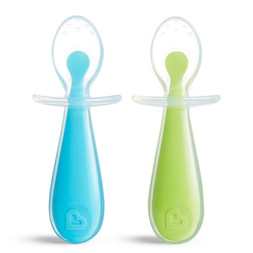 זוג כפיות סיליקון רכות במיוחד Gentle Scoop עם מחסום מונע חנק - כחול/ירוק פסטל