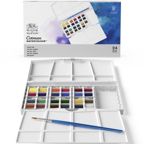 סט 24 צבעי מים בחצאי קוביות  COTMAN WATERCOLOUR (קופסת פלסטיק)