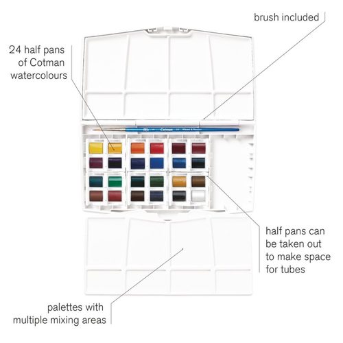 סט 24 צבעי מים בחצאי קוביות  COTMAN WATERCOLOUR (קופסת פלסטיק)