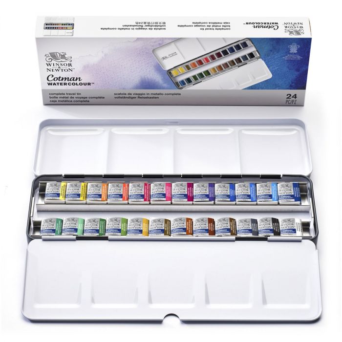 סט 24 צבעי מים בקוביות  COTMAN WATERCOLOUR בקופסת מתכת