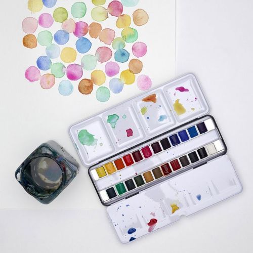 סט 24 צבעי מים בקוביות  COTMAN WATERCOLOUR בקופסת מתכת