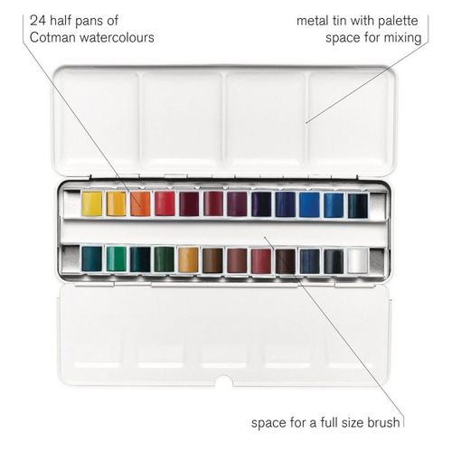 סט 24 צבעי מים בקוביות  COTMAN WATERCOLOUR בקופסת מתכת