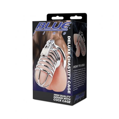 חגורת צניעות כלוב ממתכת לאיבר המין של הגבר Blue Line - Deluxe Chastity Cock Cage