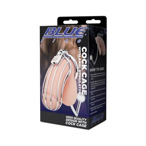 חגורת צניעות כלוב ממתכת לאיבר המין של הגבר Blue Line - Cock Cage With Anal Stimulator