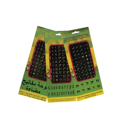 סט מדבקות אותיות זוהרות למקלדת בצבע שחור אנגלית – עברית – רוסית
